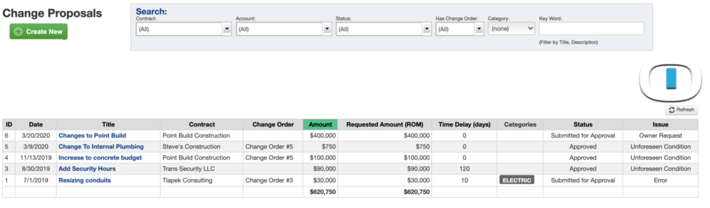 construction software Change Proposals log