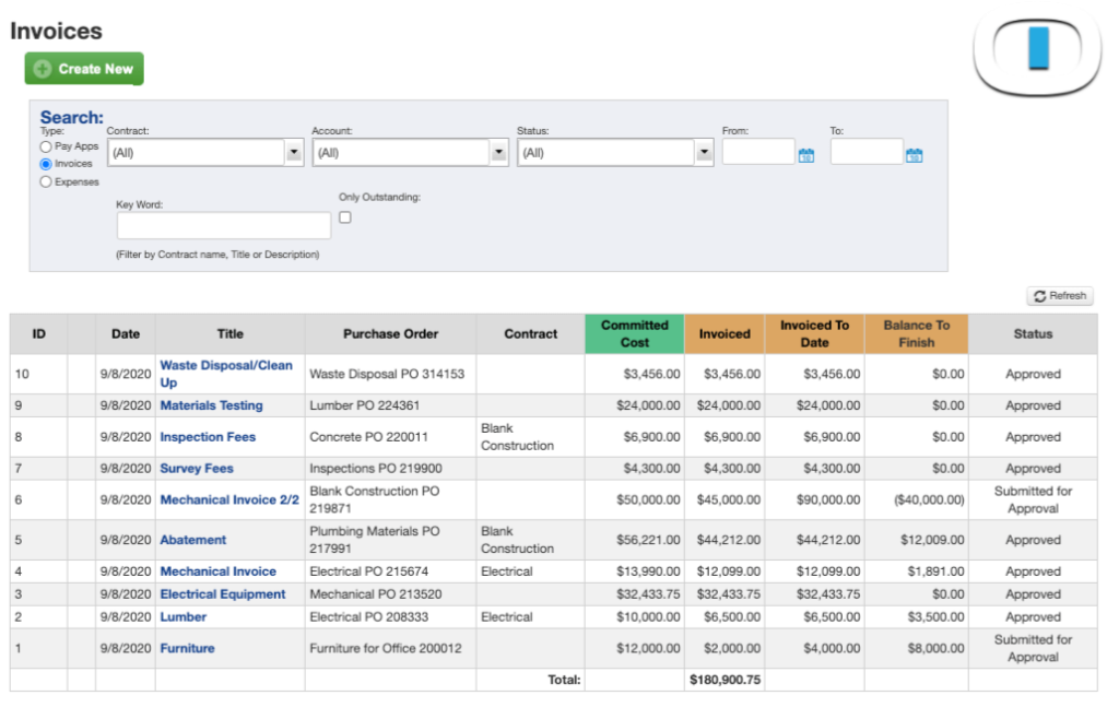 invoice log view